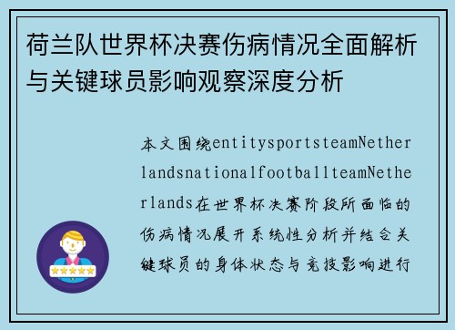 荷兰队世界杯决赛伤病情况全面解析与关键球员影响观察深度分析